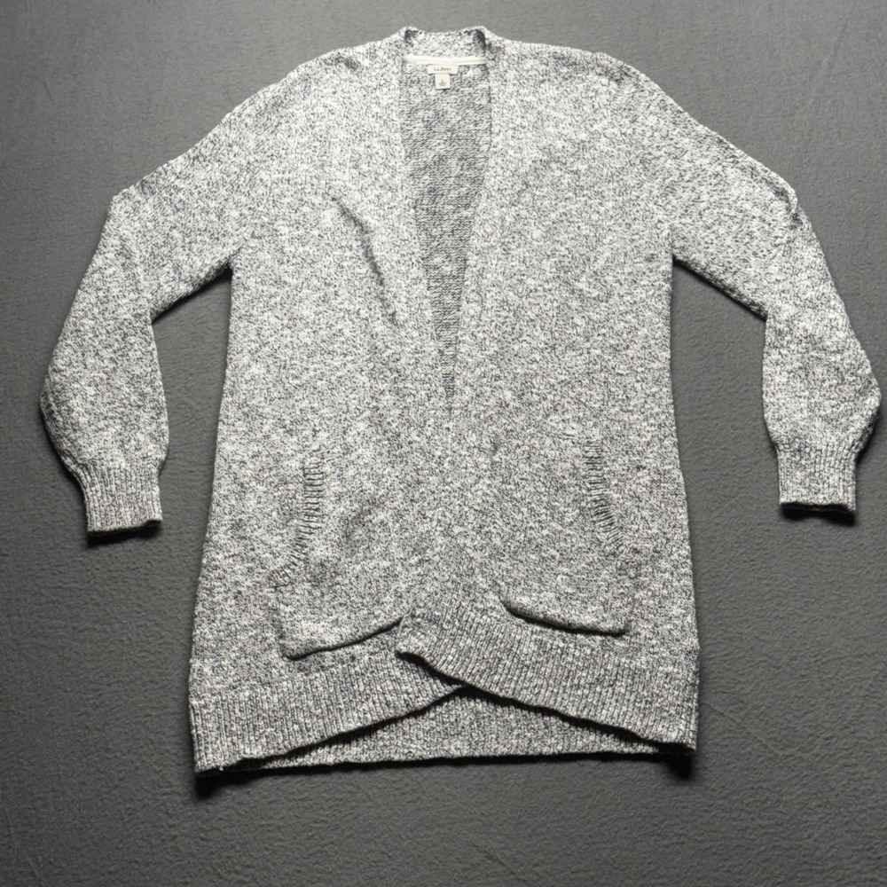 LL Bean Cardigan Sweater Women Large Blue White Marled Cotton Open Front Pockets